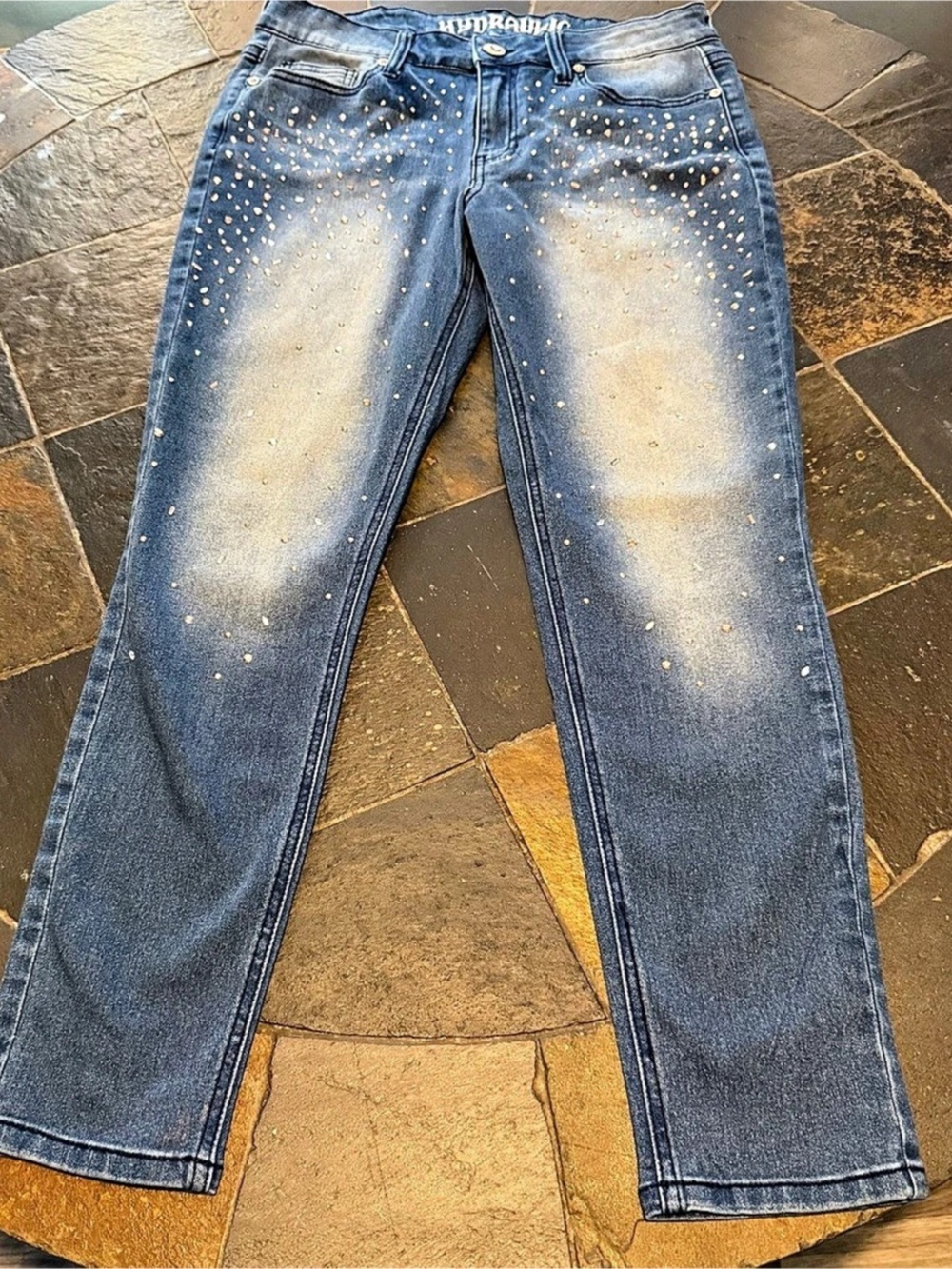 Hydraulic Ankle Skinny Embellished Skinny Jeans in Blue Waist 10
